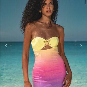 Yellow and Pink Ombre Strapless Dress